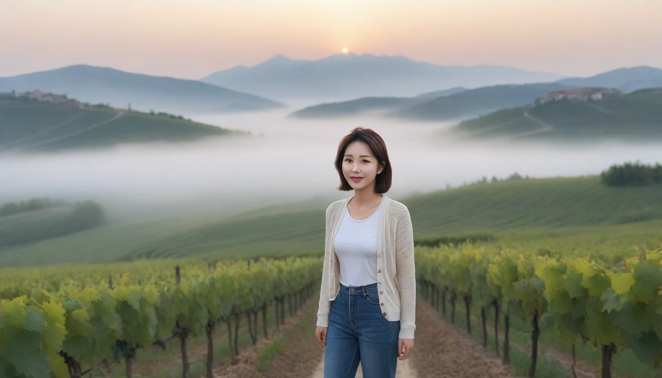 8k realistic, lifelike photo,, 36 year old Korean woman, Short in stature, pretty like a model. front view, White shirt and short cardigan, casual pants, short medium hair, Smiley, Italy. vineyard, thick dawn fog. vineyard 지나 짙은 안개 속으로 저 멀리 성당이 보인다. Full body shot from afar with a wide angle lens , 1 woman, Short in stature, looking at the camera, Excellent picture quality, The morning fog is thick, The picture quality is alive. Full body shot with Canon 16-35 wide angle lens