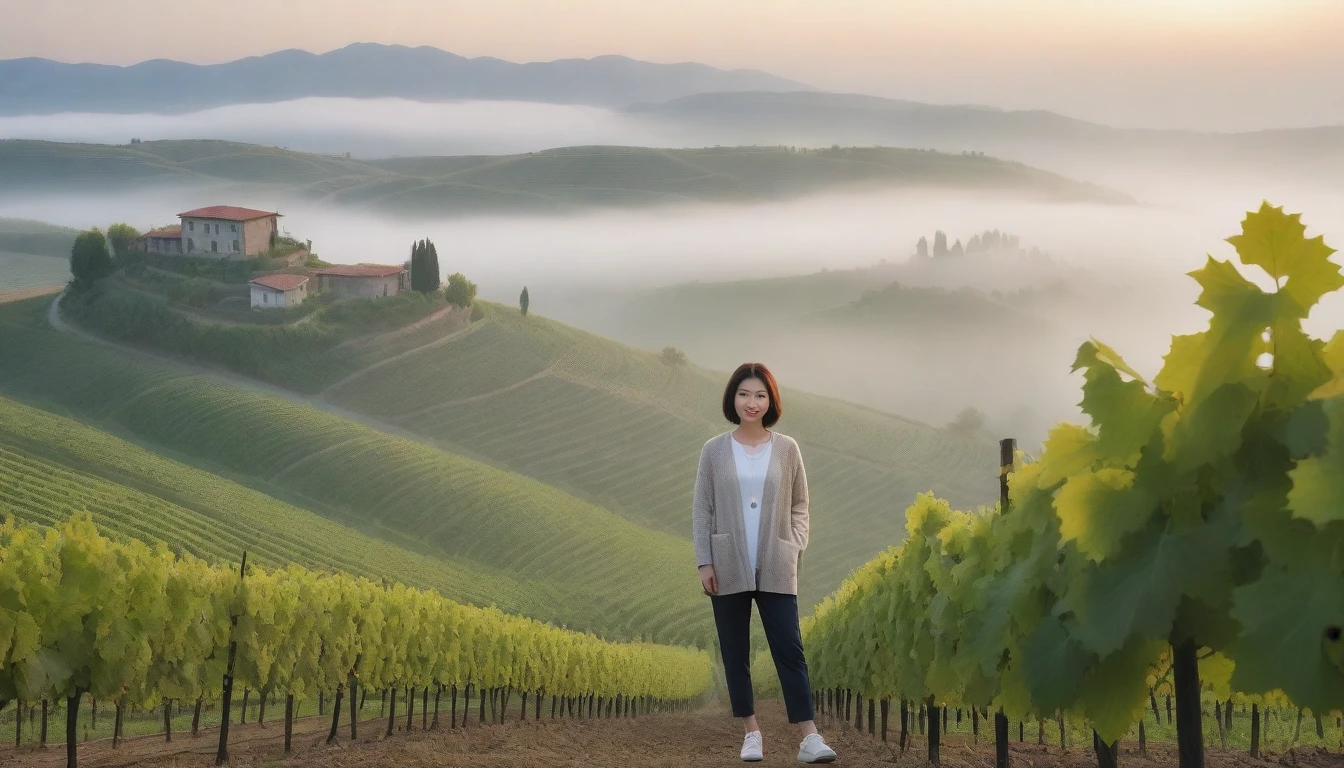 8k realistic, lifelike photo,, 36 year old Korean woman, Short in stature, pretty like a model. front view, White shirt and short cardigan, casual pants, short medium hair, Smiley, Italy. vineyard, thick dawn fog. vineyard 지나 짙은 안개 속으로 저 멀리 성당이 보인다. Full body shot from afar with a wide angle lens , 1 woman, Short in stature, looking at the camera, Excellent picture quality, The morning fog is thick, The picture quality is alive. Full body shot with Canon 16-35 wide angle lens