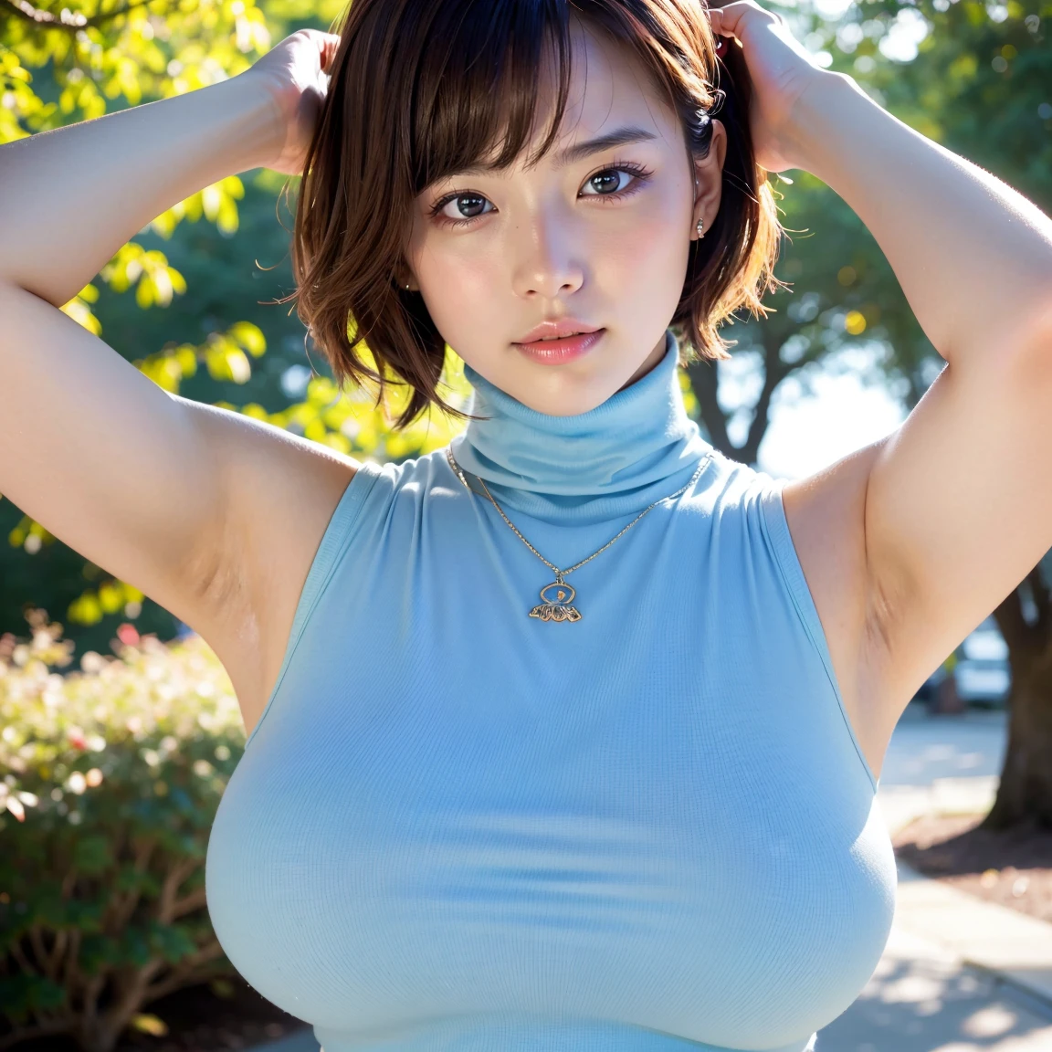 (Tabletop、Highest quality、8k、Award-winning works、Ultra-high resolution)、(10 year old girl:1.1)、(Perfect turtleneck sleeveless tight light blue knit:1.3)、Exactly、low length、Glamorous Body、Chubby、(Petite body:1.1)、(Bare arms:1.2)、(Put your arms behind your head:1.1)、(Double-sided display:1.1)、(Very thick exposure, Bristle armpit hair:1.5)、(Short Bob Hair:1.2)、(very bright and vivid:1.1)、(Bright and beautiful skin:1.2)、(とてもBright and beautiful skin:1.1)、(Glamorous Body:1.1)、(Very large breasts:1.3)、(Accentuate your body lines:1.1)、(look at me:1.1)、wood々Beautiful sunlight shining through the gaps、Spectacular Cinema Lighting、(Strongly blurred background of a large park:1.1)、(Accurate anatomy:1.1)、Ultra HD Hair、Ultra-high resolutionの完璧な美しい歯、Ultra-high definition beauty face、Ultra HD Hair、Ultra-high definition sparkling eyes、輝くUltra-high resolutionの美肌、Ultra-high resolutionの艶やかな唇、Spectacular Cinema Lighting、The most romantic、Most displeased、Romantic affection