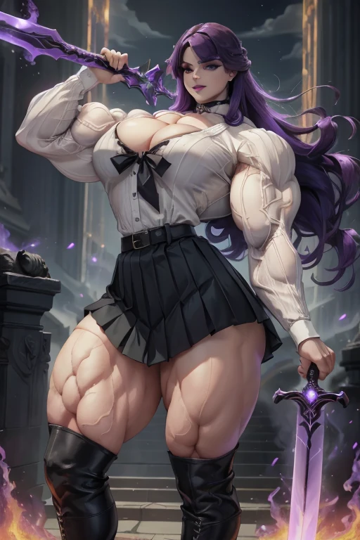 ((Massive tall, beautiful, buff, pale white skinned muscular woman with violet purple hair, black lipstick, ginormous bulky muscles, carrying a fire sword and wearing a violet long sleeve pleated shirt with beautiful long pleated skirt)), ((close view)), (massive muscles), long hair with long bangs, black eyes, choker, ((violet long sleeve pleated shirt and tie)), neck tie, ((beautiful long pleated skirt)), belt, thigh high socks, black boots, (in a fire city), closed smile, night, massive muscles