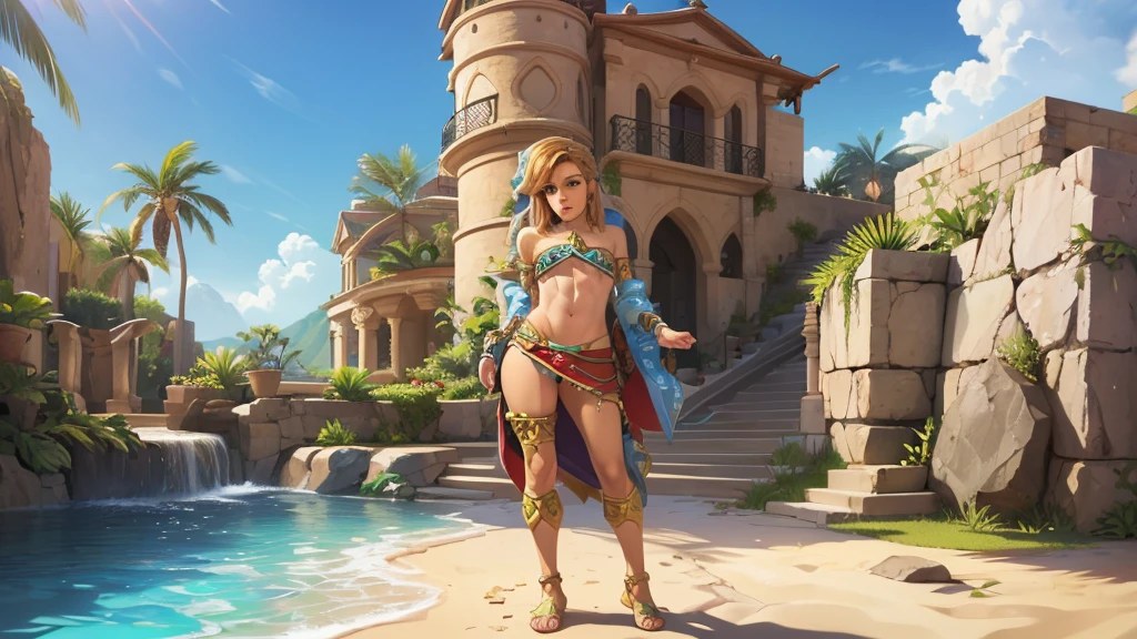 ((work of art)), ((best qualityer)), (detailded), perfect, standing alone, link, beautiful boy, Delicious lips, hair blonde, sexly, wearing Gerudo bikini set. Deitado sexly de bunda pra cima.