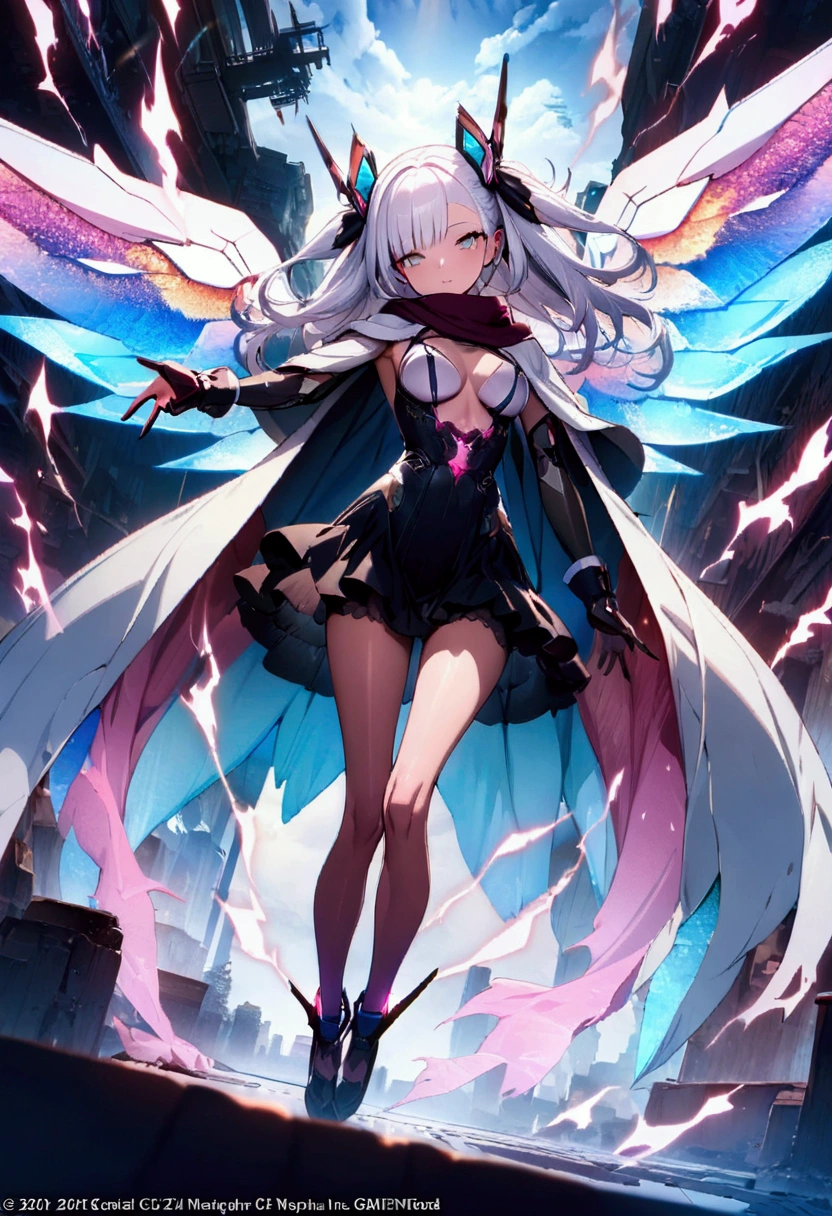 A beautiful girl wearing a cyberpunk-style mecha flying in the sky, Huge transparent wings, cape, scarf, Long legs, Long white hair,Hair accessories, electricity，flame，ice，gem，cloud, Metal Material，Wood texture, Depth of Field, Blurred background,A fusion of aesthetics and dynamics,Wide-angle lens ,(masterpiece, Top quality, best quality, Official Art, beautiful and aesthetic:1.2), Fractal Art, rich and colorful, Glowing skin,