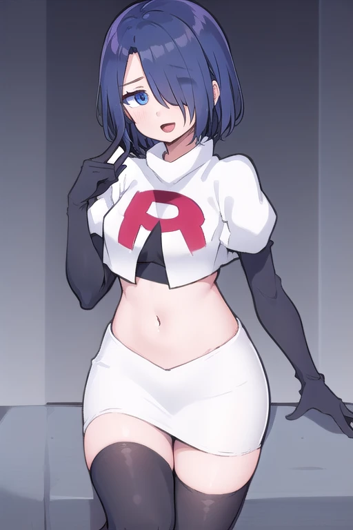 1girl,  kirishima touka, blue hair, hair over one eye, blue eyes, team rocket,team rocket uniform,white skirt,red letter R,crop top,black thigh-highs,black elbow gloves