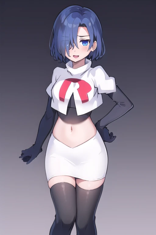 1girl,  kirishima touka, blue hair, hair over one eye, blue eyes, team rocket,team rocket uniform,white skirt,red letter R,crop top,black thigh-highs,black elbow gloves