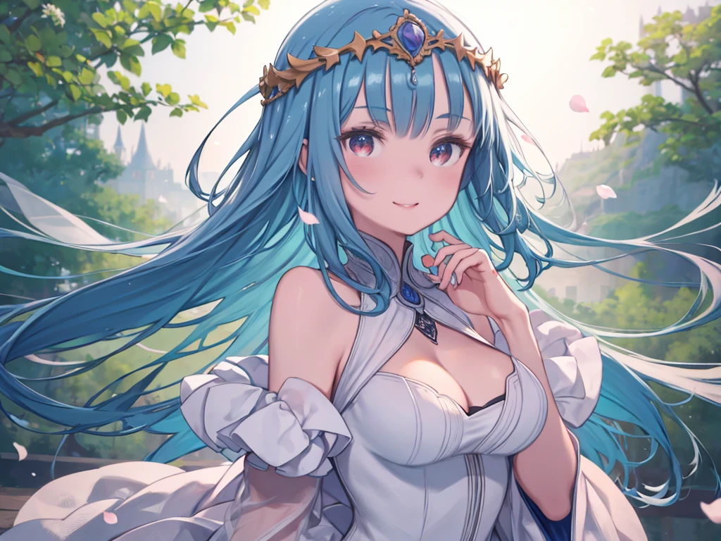 masterpiece, Highest quality, 4K, 8k, Ticker, Upper Body, Face Focus, close, One girl, Blue Hair, White Dress, Red eyes, Circlet, Cleavage, smile, Happy, depth, depth of field, Outdoor, nature, petal, Wind, beautiful, High resolution, Perfect lighting, Detailed face, Detailed body, masterpiece, Highest quality, Intricate details, 8k uHigh resolution, Perfect Face, Perfect Eyes