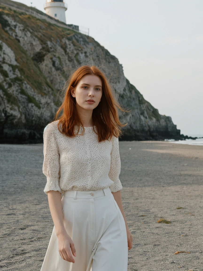 her name is Amelie, high quality, 1girl, ((25-year-old fit Caucasian woman)), ((hourglass body shape)) ,((25 years old)), ((fit)), ((long auburn hair)), (medium uplift breasts)), pose: standing, wearing fashionable Generation-Z modern wear different colored, BACKGROUND: "Walking along the Grande Plage, with its beautiful coastline and historic lighthouse."