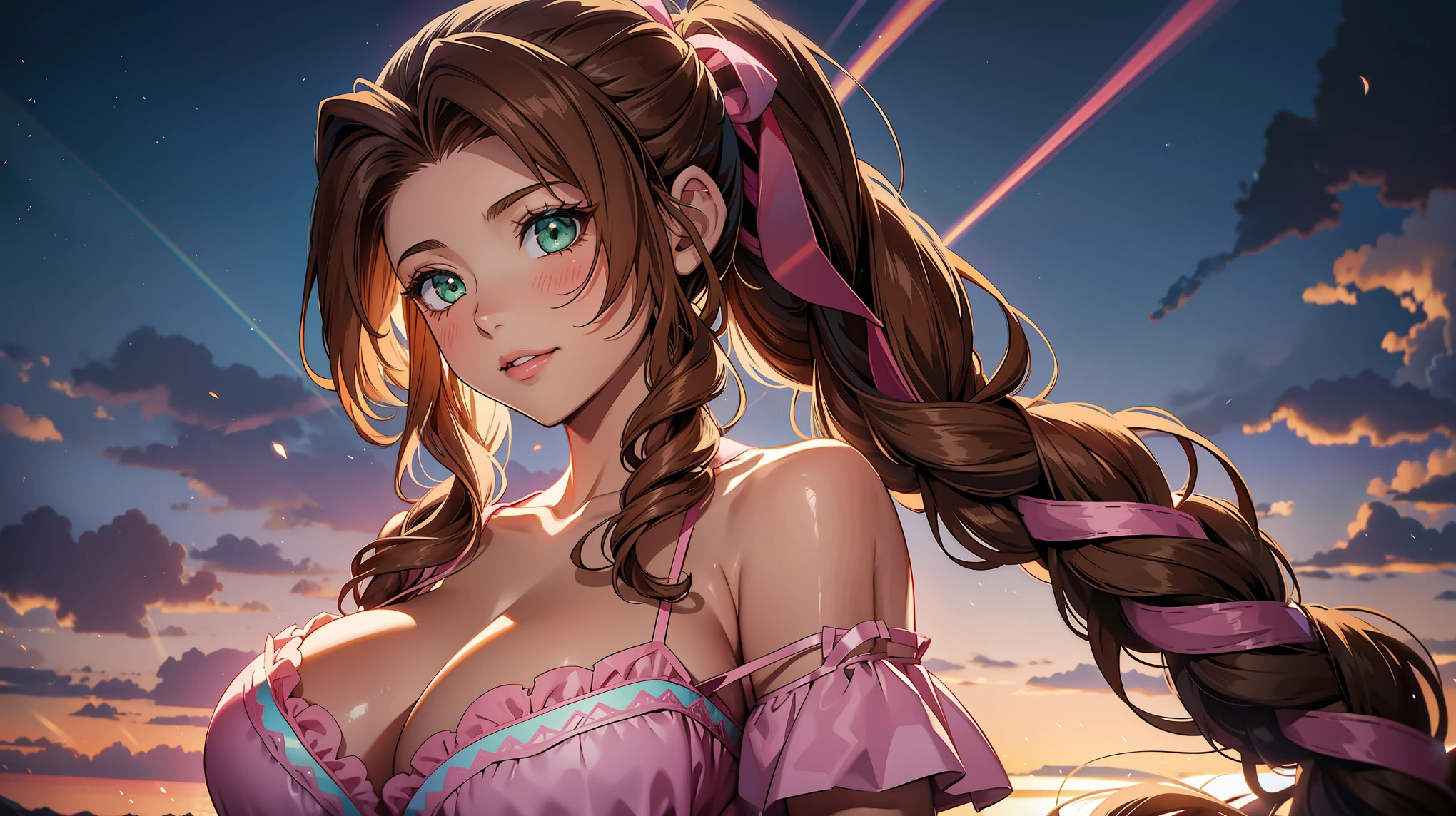 Gainsborough_Aerith, long hair, brown hair, bow, ribbon, hair ribbon, pink bow, braid, braided ponytail, single braid, (huge breasts1.4), flower embroidery, off-shoulder dress, string support, frilly dress, covered collarbone, coast, parted lips, light smile, light rays, light particles,