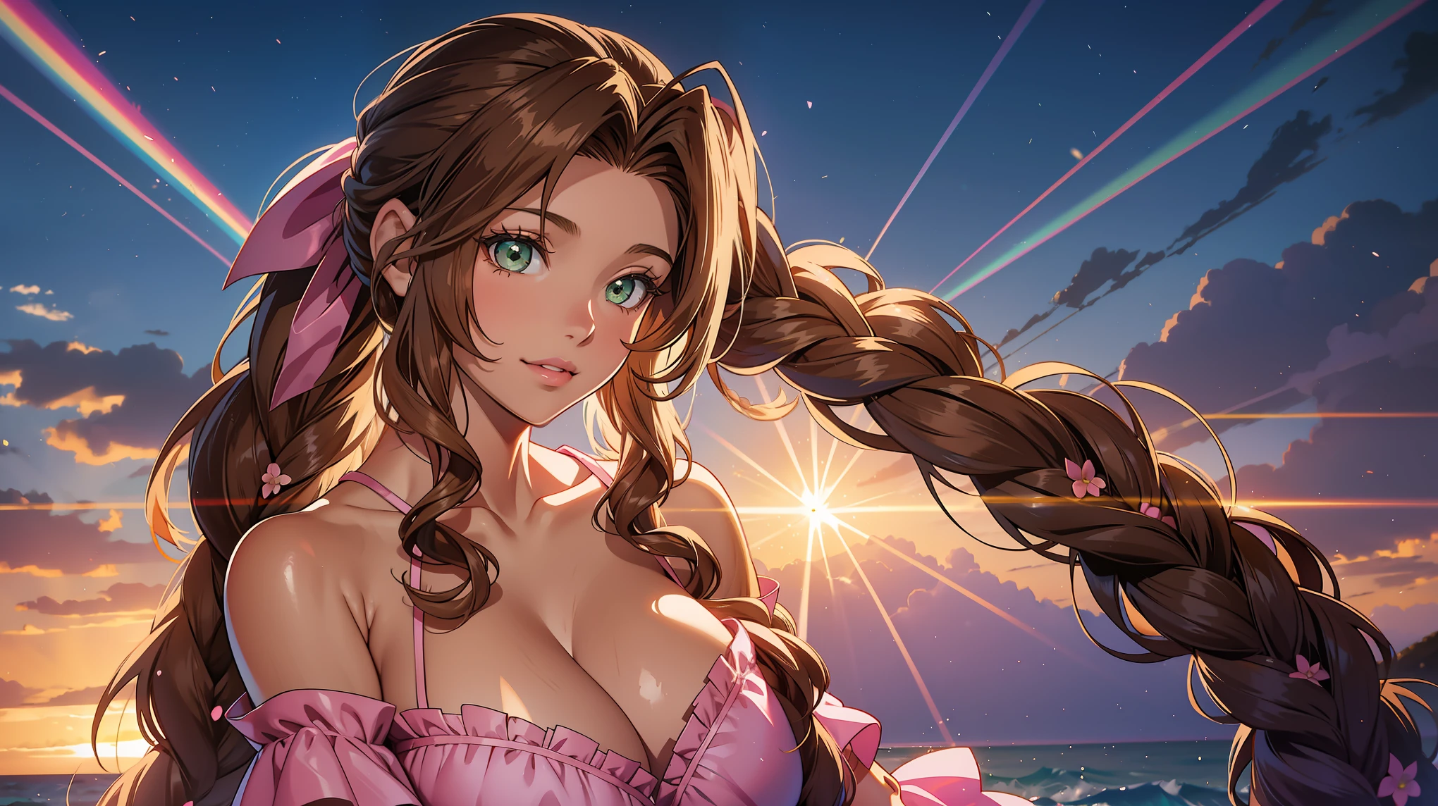 Gainsborough_Aerith, long hair, brown hair, bow, ribbon, hair ribbon, pink bow, braid, braided ponytail, single braid, (huge breasts1.4), flower embroidery, off-shoulder dress, string support, frilly dress, covered collarbone, coast, parted lips, light smile, light rays, light particles,