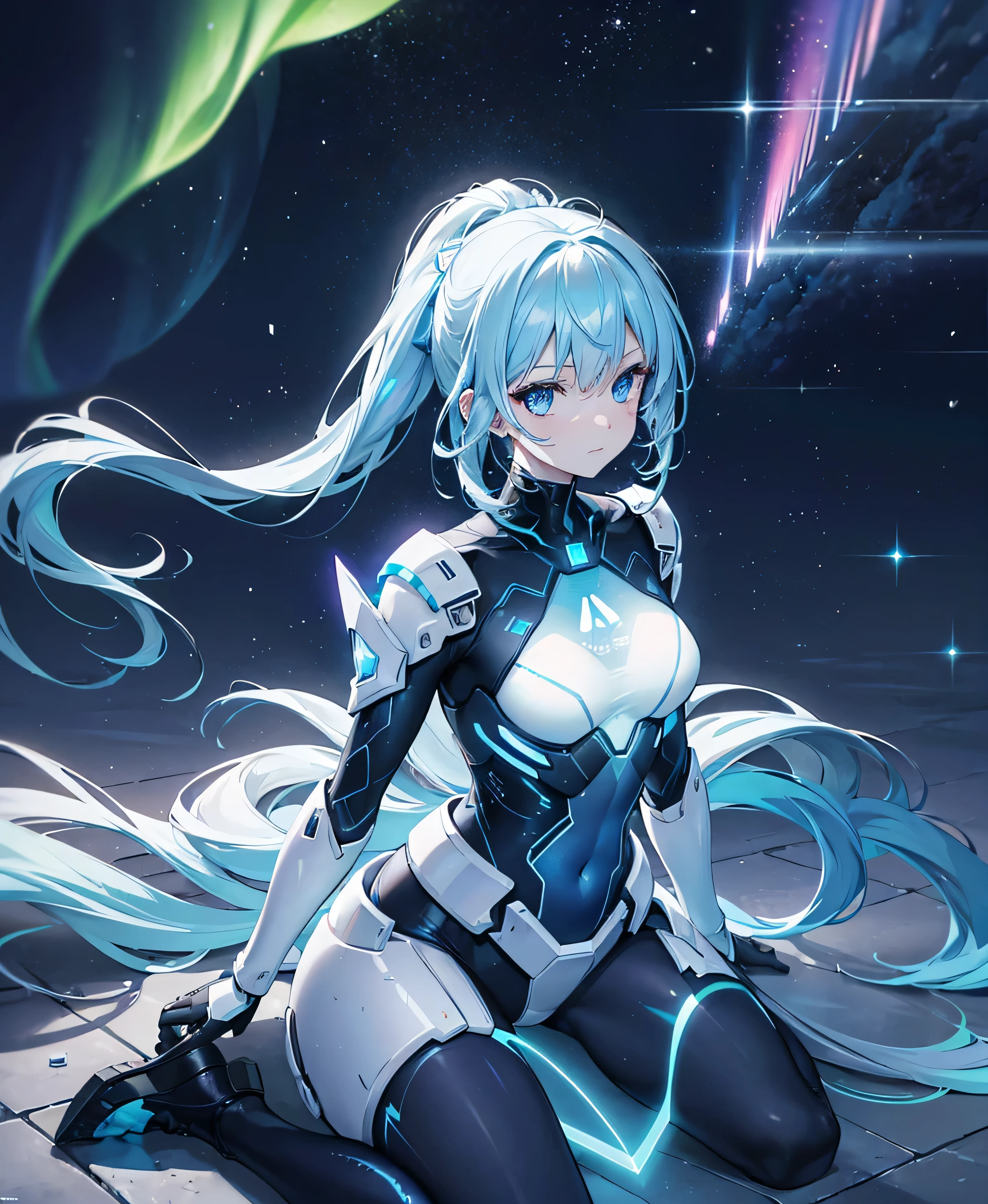 ((Holographic glow effect)),8k, Highest quality, (real:1.4), Original photo, 1 girl, Asari Hair, Biological Amplifier, refined armor, posture: Peace talks between warring factions, smart blue eyes,whole body,Vortex of Light,Band of Light,Aurora