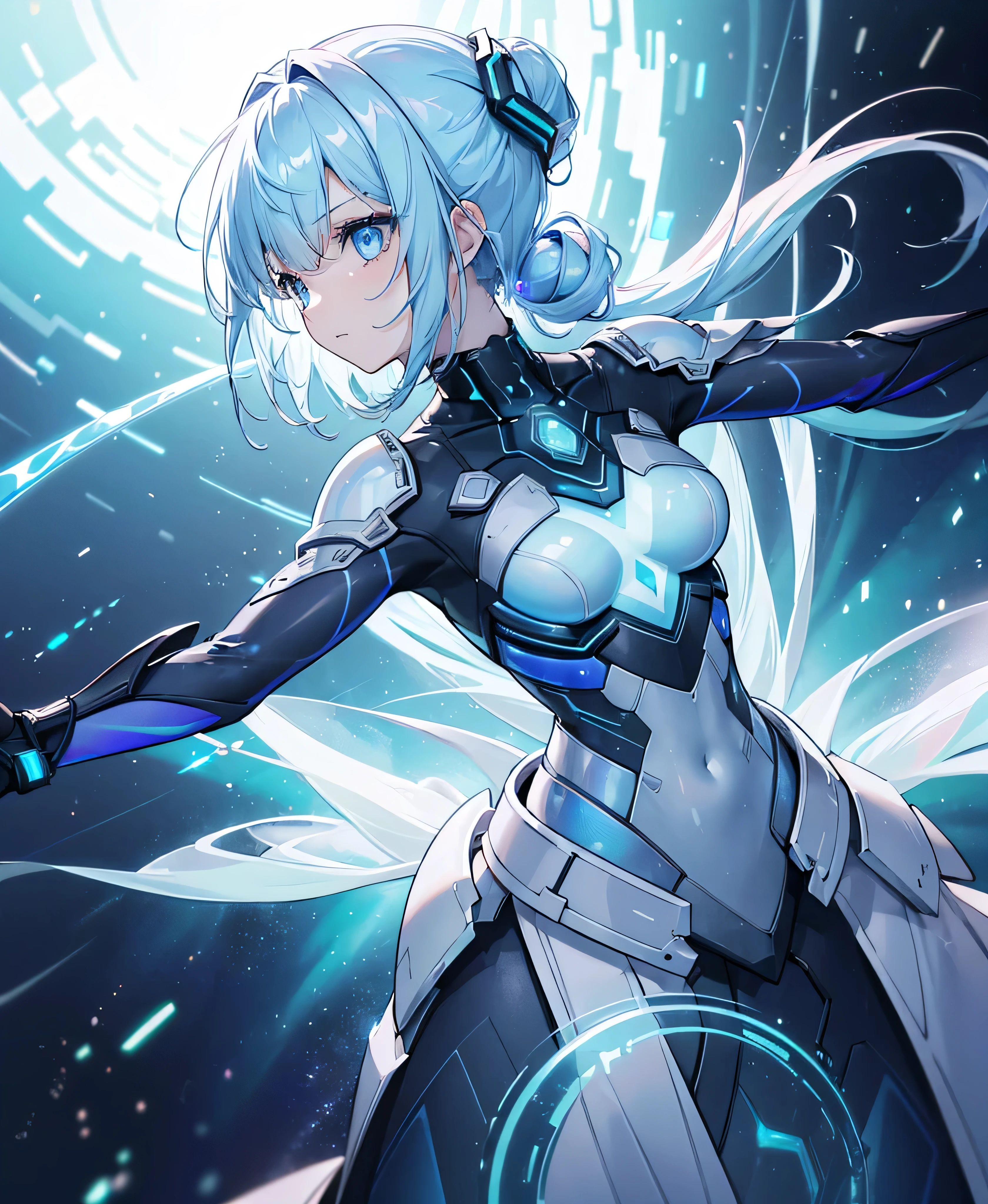 ((Holographic glow effect)),8k, Highest quality, (real:1.4), Original photo, 1 girl, Asari Hair, Biological Amplifier, refined armor, posture: Peace talks between warring factions, smart blue eyes,whole body,Vortex of Light,Band of Light,Aurora