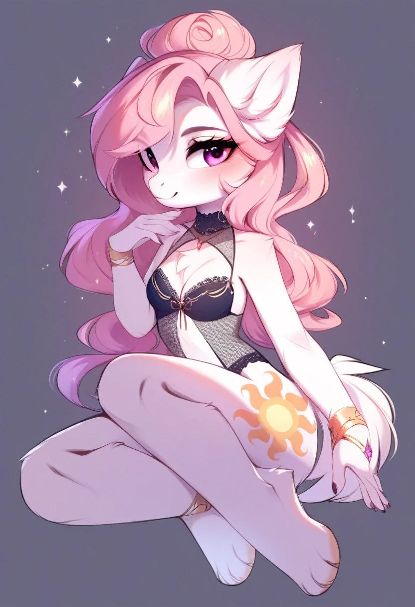 check_9, check_8_up, check_7_up, source_fluffy, rating_safe, from Magnaluna, Celestia poses seductively in a white bedroom, hair bun with bangs, pink eyes, white body, anthro, blushing, wearing goldern lingerie, full body