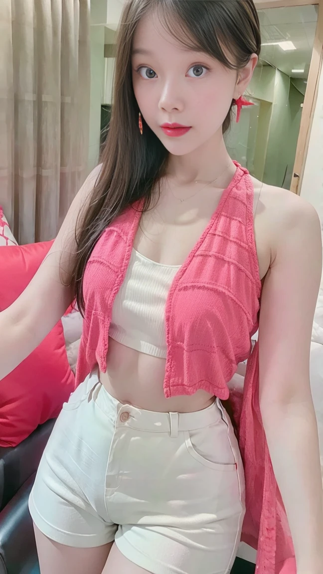 masterpiece:1.2,best quality),endless realism,(real picture,Rich details,Depth of Field),(1 girl,solo),make up,high detail,Perfect face shape,(:1.4),(dents on the skin),thigh,Wide hips,thin waist,higher,coral,red lips,ponytail(Daughter,Light tulle,gauze transparent),(Sweaty legs:1.2),(moisture),Sexy bulge,Face turned red,(Shy expression), White vest,White suspenders,White bellyband,black shorts,Small lake,Playing in the water
