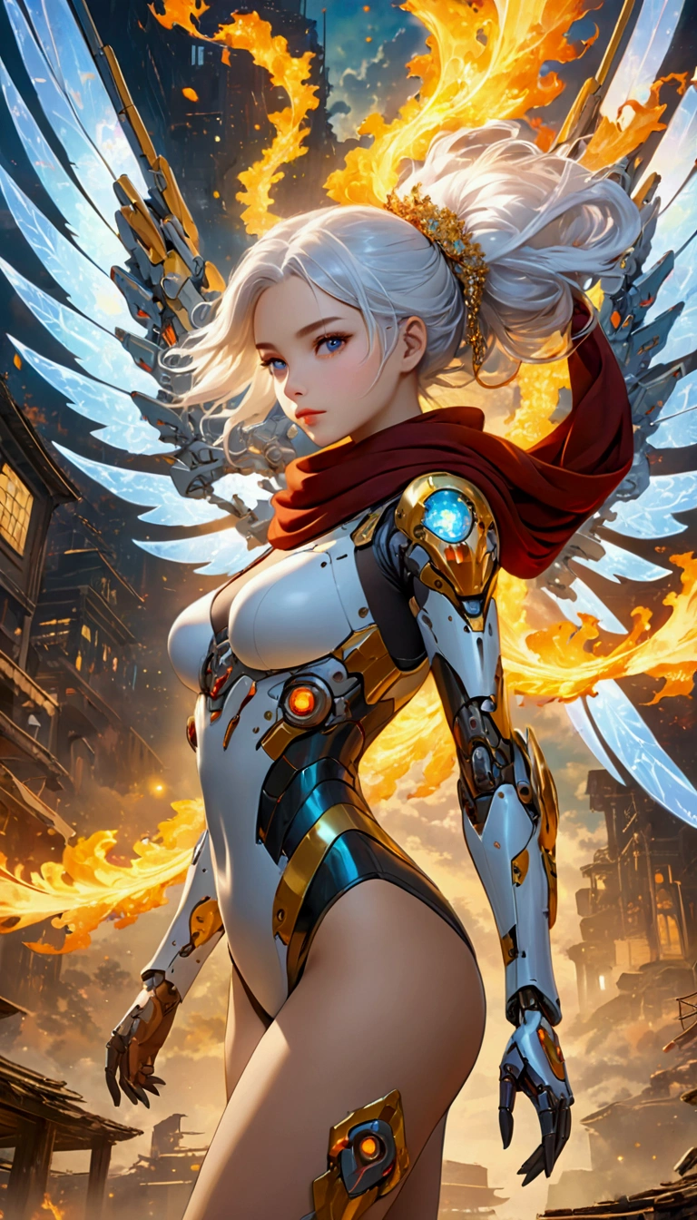A beautiful girl wearing a cyberpunk-style mecha flying in the sky, Huge transparent wings, cape, scarf, Long legs, Long white hair,Hair accessories, electricity,flame,ice,gem,cloud, Metal Material,Wood texture, Depth of Field, Blurred background,A fusion of aesthetics and dynamics,Wide-angle lens ,(masterpiece, Top quality, best quality, Official Art, beautiful and aesthetic:1.2), Fractal Art, rich and colorful, Glowing skin,