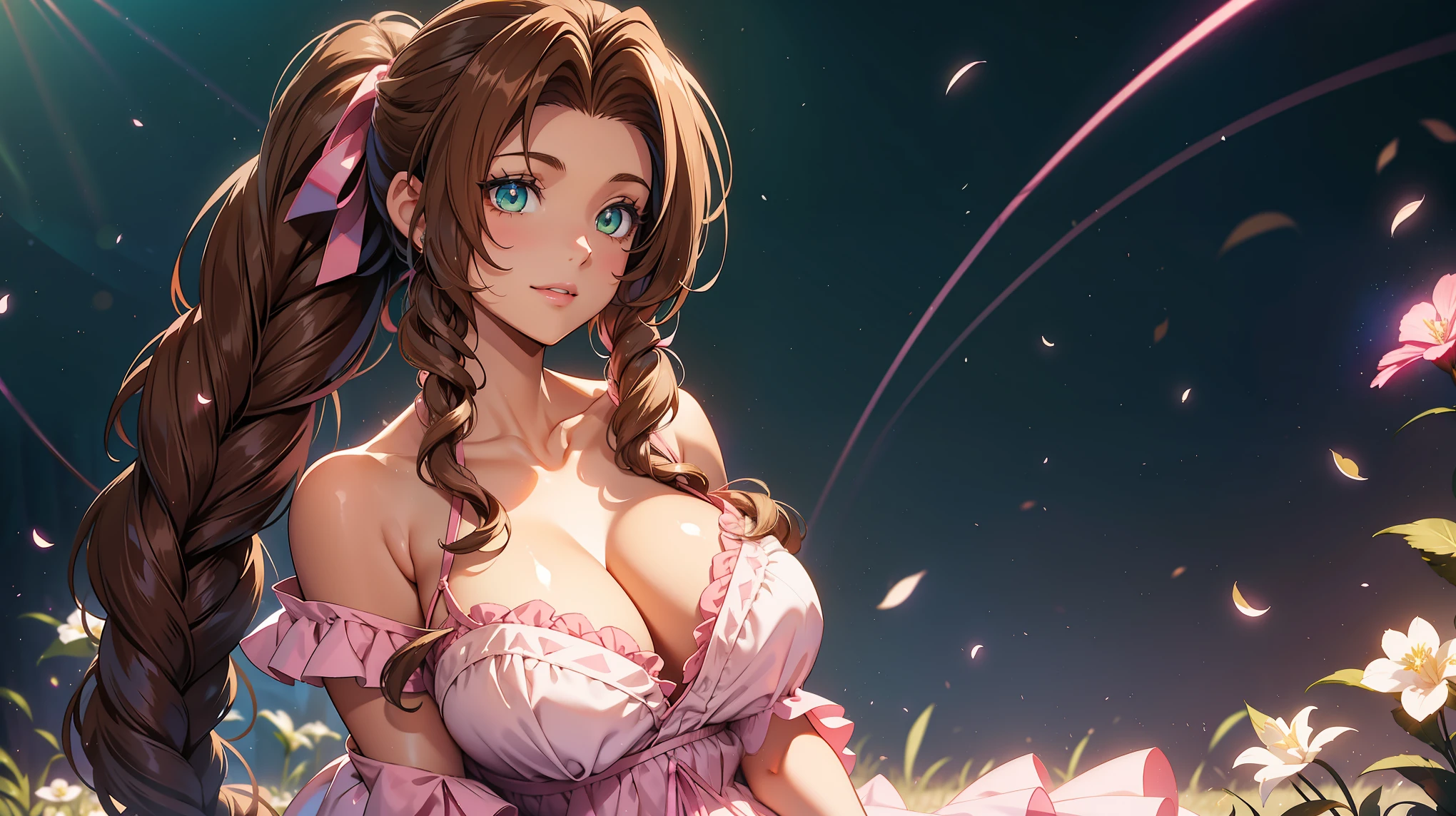 Gainsborough_Aerith, long hair, brown hair, bow, ribbon, hair ribbon, pink bow, braid, braided ponytail, single braid, (huge breasts1.4), flower embroidery, off-shoulder dress, string support, frilly dress, covered collarbone, coast, parted lips, light smile, light rays, light particles,