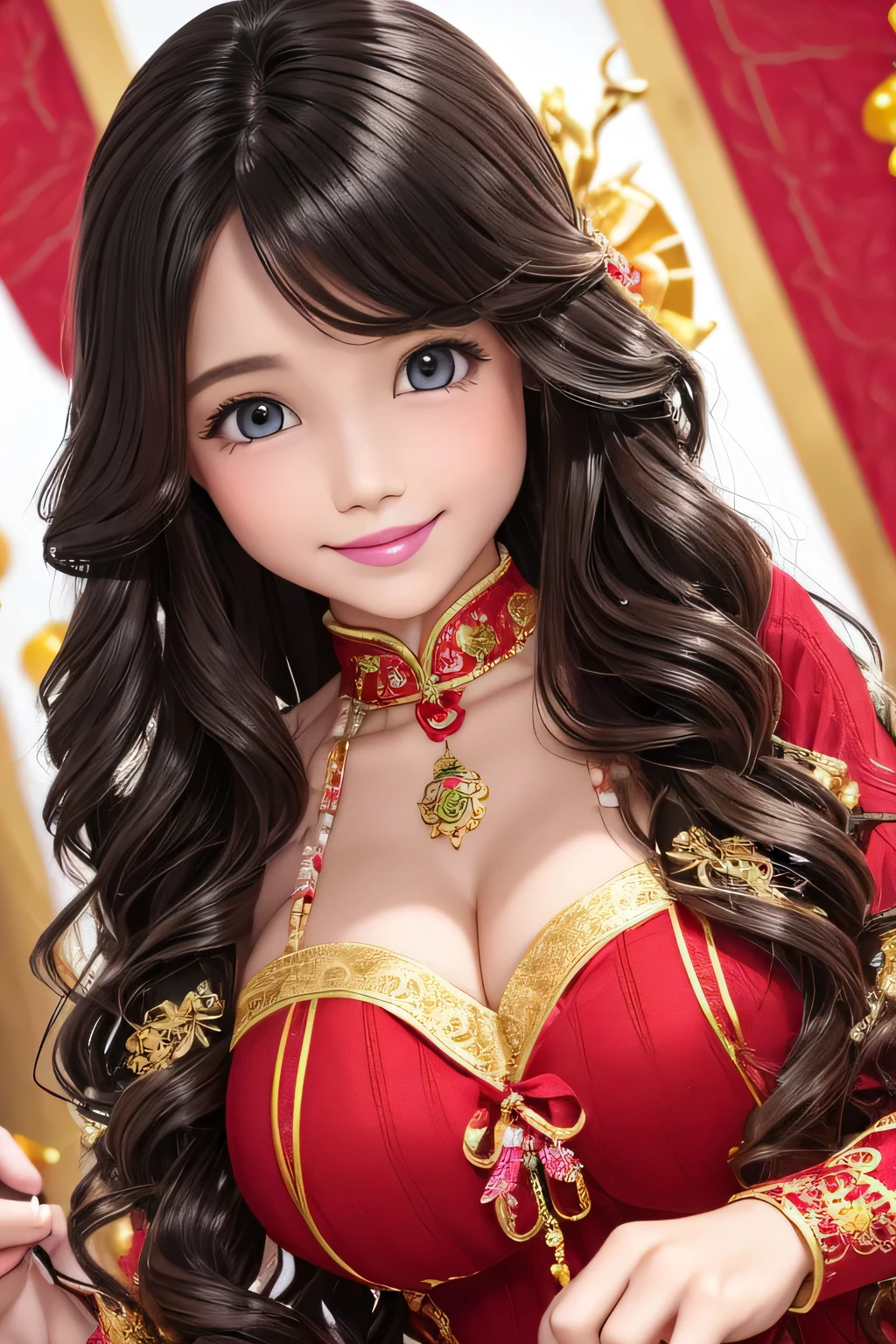 Wavy hair Wavy hair(((The eyes are delicate))),(((Hair accessories))),Necklace,Barbie doll wearing y red and gold lace sweater,The room is filled with Lunar New Year decorations((Grin))(((masterpiece))), ((best quality)), ((Intricate details)), ((Surrealism))(8K)
