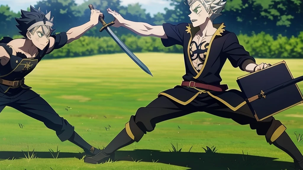 anime styling, Asta Black Clover, green field, martial arts training, antimagic book with sword coming out of it