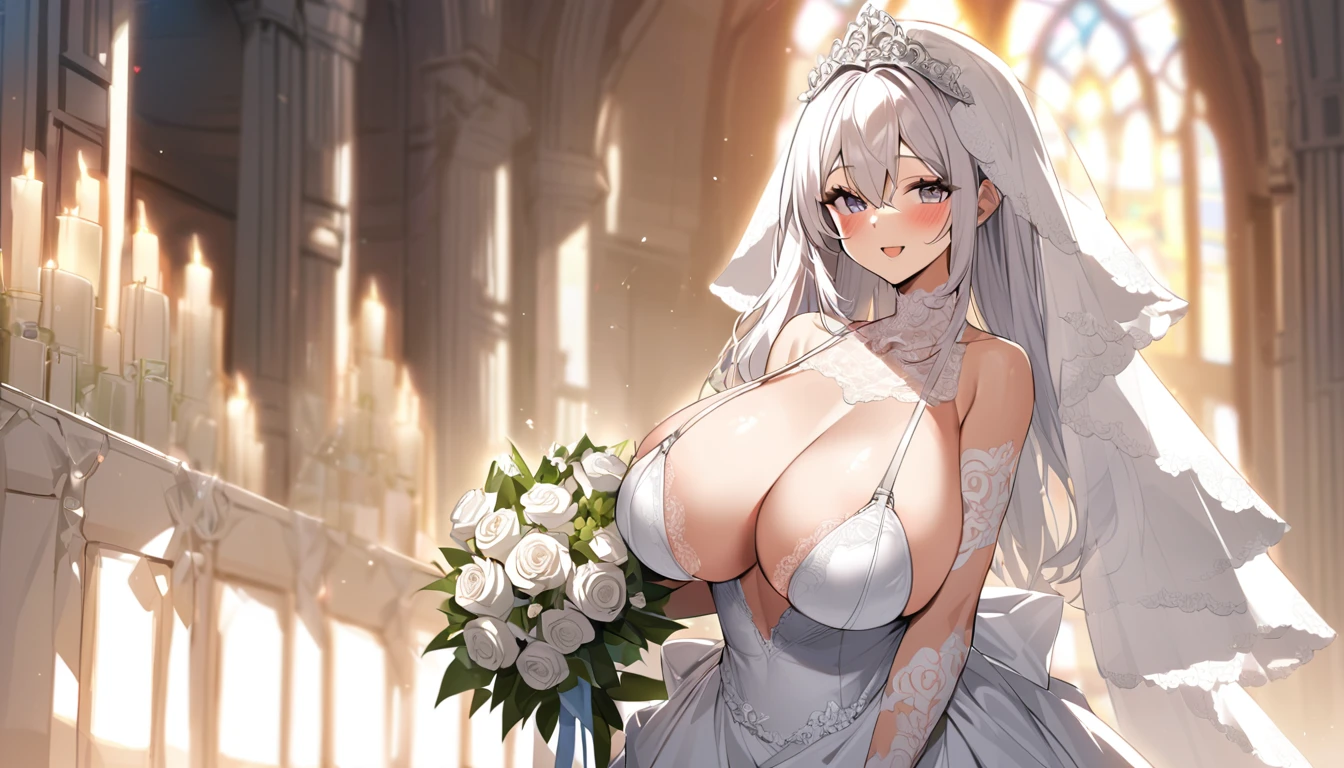 Girl with huge breasts wearing a micro bra in a wedding dress with a lace neckline at the altar with a veil and bouquet