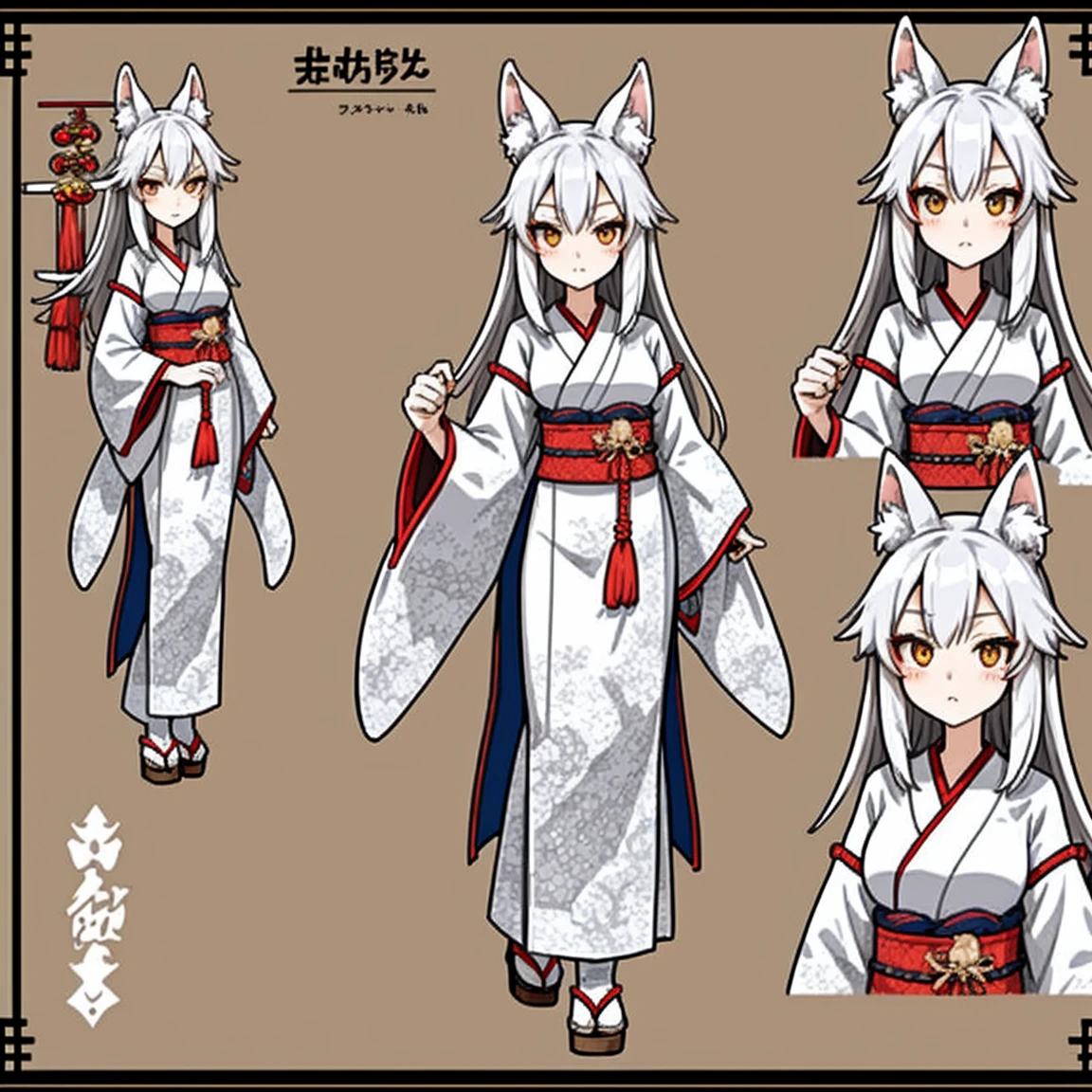Character Sheet, A graceful wild fox girl with mostly silver hair, Japanese Shrine Maiden Costume, variation, Highest quality, pixel