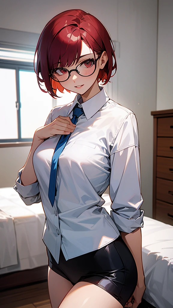 woman with short red hair, white eyes, glasses, tall body, big breasts, wearing a school, in the bedroom