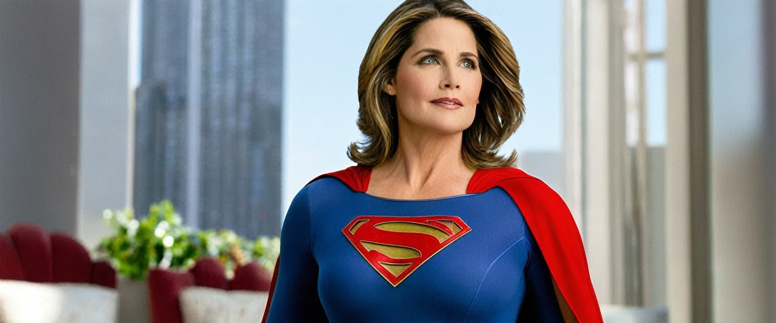 Super Lorraine Bracco(big fat woman; powerful; trusting; higher) 2007 (((Woman defined body strong and firm large breasts; Supergirl 1984s costume dress))) as Supergirl(((Filme da Supergirl de 2007 de Lorraine Bracco))); floating in mid - air.