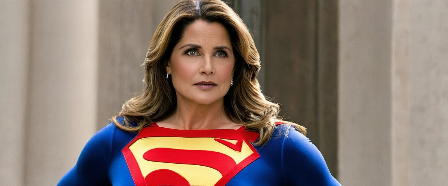 Super Lorraine Bracco(big fat woman; powerful; trusting; higher) 2007 (((Woman defined body strong and firm large breasts; Supergirl 1984s costume dress))) as Supergirl(((Filme da Supergirl de 2007 de Lorraine Bracco))); floating in mid - air.