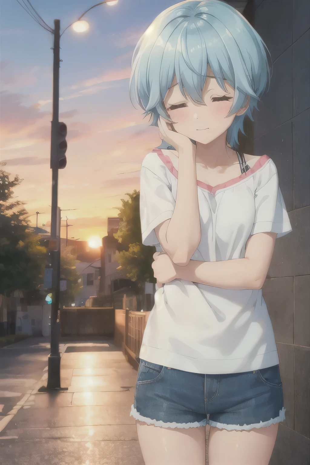 Anime girl with blue hair and short shorts standing on sidewalk - SeaArt AI