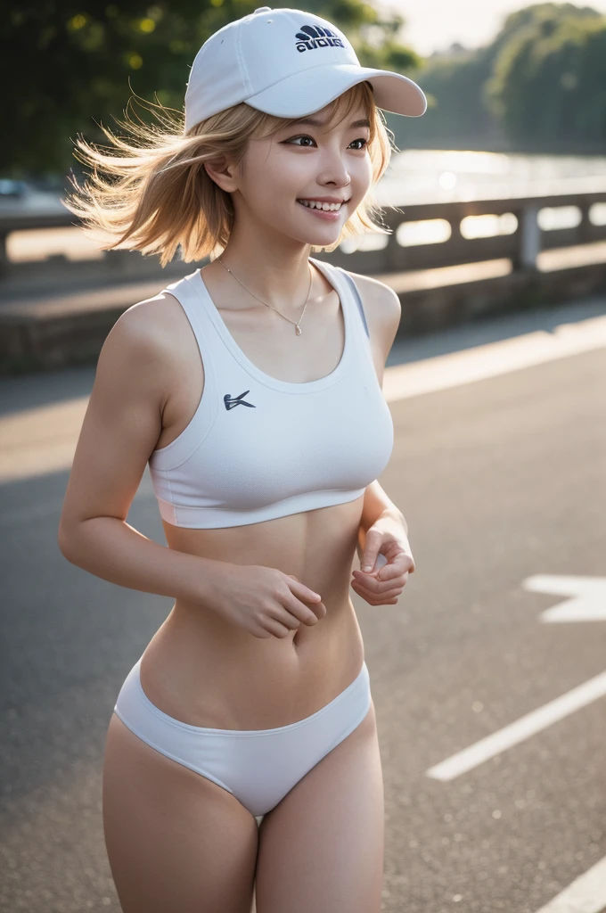 high quality,master piece,incredibly absurdres,photography,high resolution,lens flare,a girl, one girl,solo focus,alone,full body,perfect anatomy,jogging,from flont,8k,raw photo,short blonde hair,watch,big eyes,Japanese women,24-years-old,healthy,positive,bright,White sporty jersey(For sports,Sports bra)White sports hat,Jogging,Beautiful Skin,Fair skin,最high quality,8k,Young and beautiful,Attractive woman,fcup bust、Large Breasts、An innocent smile、smile、teeth、The background is the city、Riverbank、Turf、morning、morning焼け、The sun is starting to rise、5:30AM、one girl、one girl,one girl,very nice lady,one girl