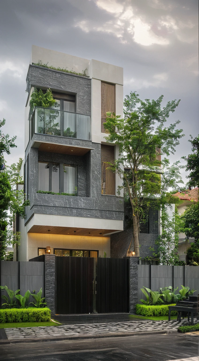 modern villa on street, (overcast lighting:1.2), tropical tree, vivid color, streetcapes, nice sky, grey wood and white tone, (large glass door:1.2), modern material, best quality, ultra realistic, masterpiece, 17ArchiAI_XL_VL-v1