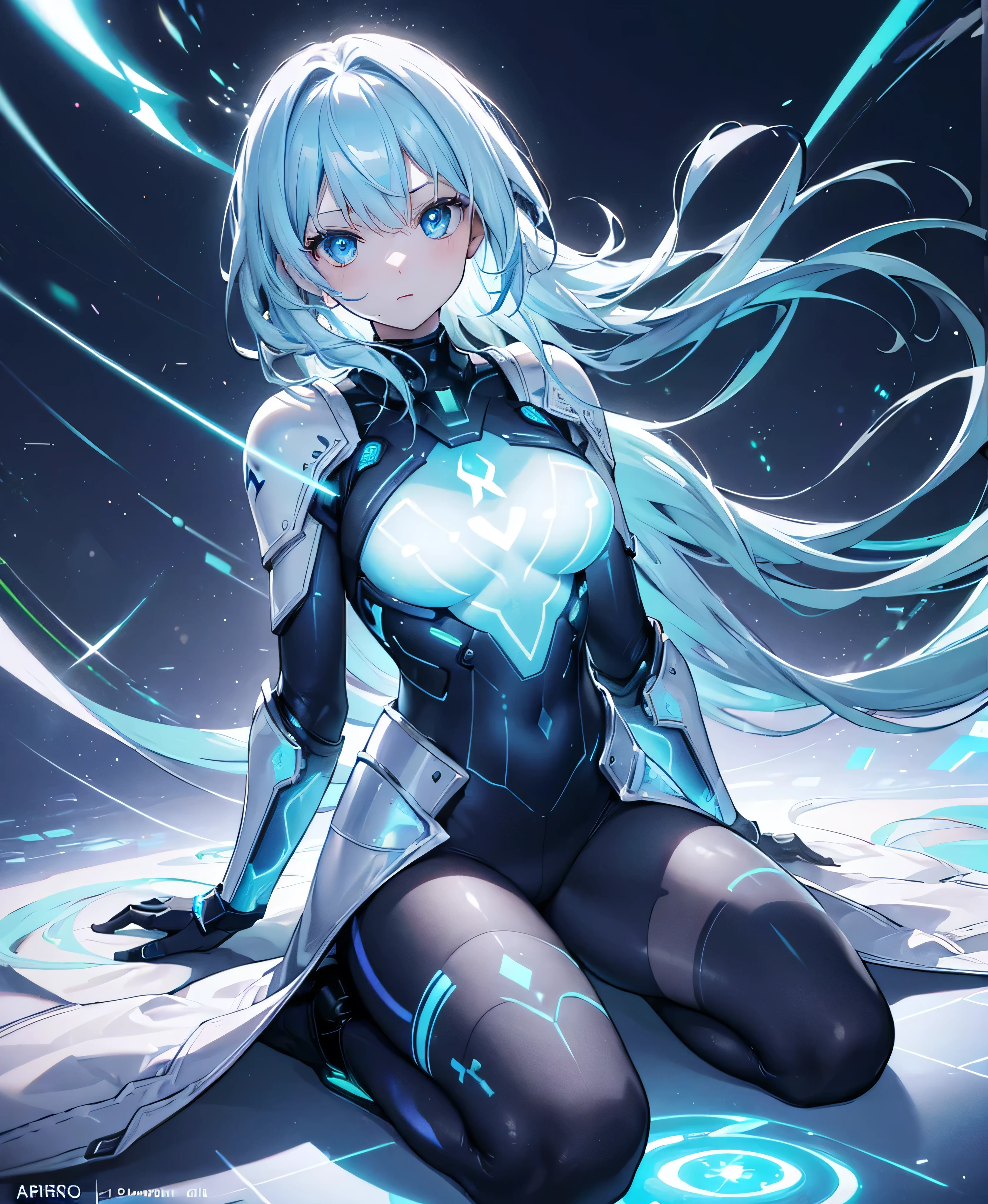 ((Holographic glow effect)),8k, Highest quality, (real:1.4), Original photo, 1 girl, Asari Hair, Biological Amplifier, refined armor, posture: Peace talks between warring factions, smart blue eyes,whole body,Vortex of Light,Band of Light,Wind of Light
