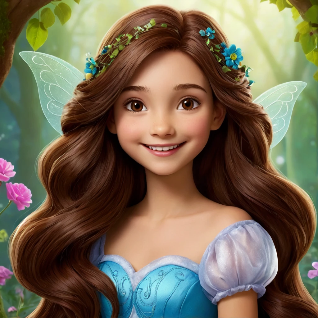 long hair, smile, Brown hair, create a cartoon character for a children&#39;s fairy tale Art Deco, backlight, movement lines, Wolf ears, Bottom view, blue hair, Double tails, anime, 3D rendering, 