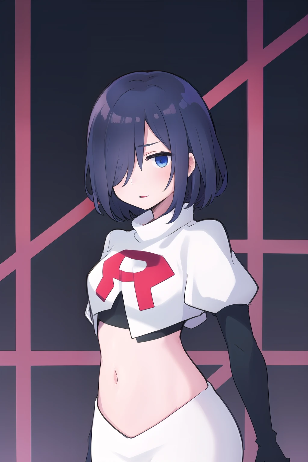 1girl,  kirishima touka, blue hair, hair over one eye, blue eyes, team rocket,team rocket uniform,white skirt,red letter R,crop top,black thigh-highs,black elbow gloves