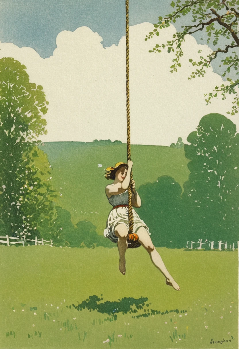 Woman swinging on a rope in a field, By Konstantin Somov, inspired By Konstantin Somov, by Ida Rentall Outweight, By Nikolai Ge, Hans Thoma, inspired by Ida Rentall Outweight, Non-Dual God of Spring, By Julius Klinger, By Randolph Schwabe, Charles Angland、Ink drawing、Masterpiece、Minimalist、