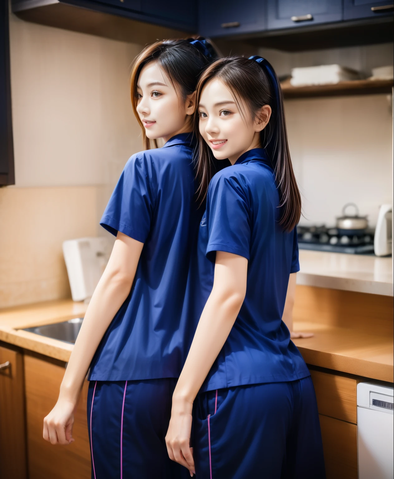 (best quality,10,10,height,Masterpiece:1.2),Special details,(realistic,ภาพrealistic,Realistic photos:1.37),1 Cute girl in the kitchen,shiny, ผิวshiny,only,smile softly,BDclothelue shirt:1.3)),short sleeve,shirt, กางเกงขาlong.,(navy_long_track pants:1.1), ((Kitchen Background)),Dynamic angle,excited,Face focus,dynamic poses,from behind,focus on ass,Masterpiece, best quality, ultra realistic, hyper detail, 8k resolution, raw photos, Sharp focus, ((Navy blue shirt:1.1)), short sleeve, เส้นทางlong, perfect body, 2 mature women, 18 years old, Cinema-grade lighting system,blue sweatpants,shirtผ้าออกกำลังกาย,correct anatomy,perfect body, correct body, Sharp face, correct bodyทางกายวิภาค, full body, realistic gestures, long-haired, realistic poses,Wear long shorts...........................,ช่วงขาlong,Good shape,carved girl, Slender figure, model, Good shape, beautiful body,blue sweatpants, two girls kissing