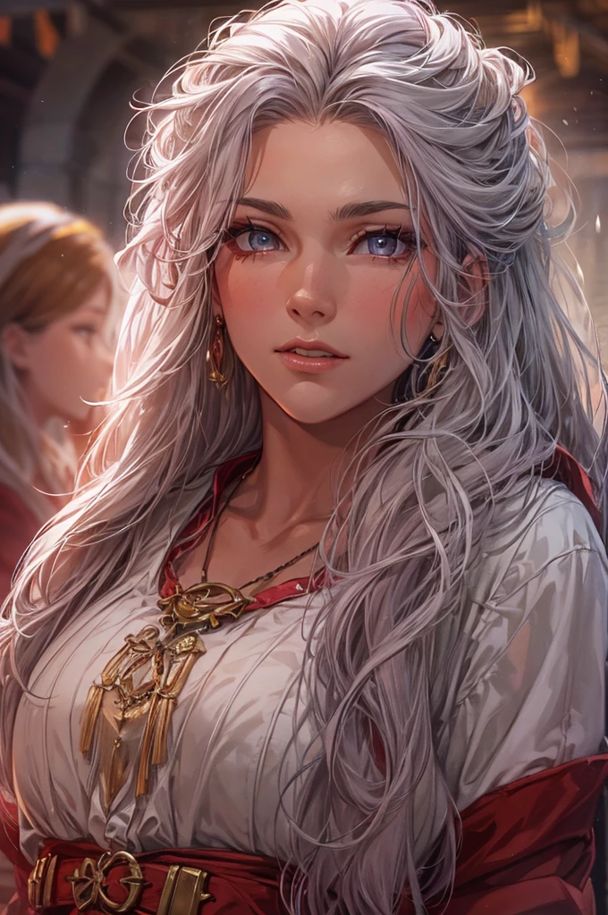 a highly detailed, photorealistic 8K image of a beautiful young woman with long, curvy, messy silver hair and ruby eyes, set in a fantasy bistro scene, award winning, high resolution