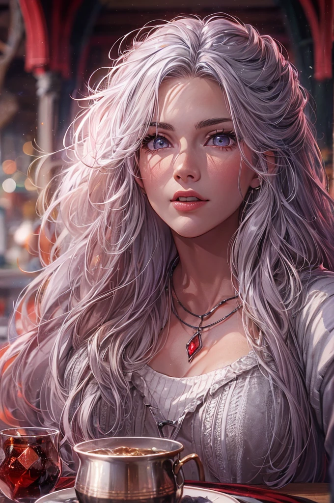 a highly detailed, photorealistic 8K image of a beautiful young woman with long, curvy, messy silver hair and ruby eyes, set in a fantasy tarven scene, red and white tunic, pink cheek, waitress, award winning, high resolution