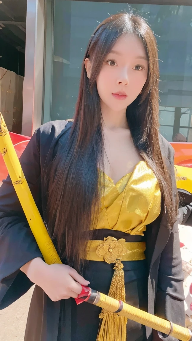 a princess wearing black and gold samurai armor, holding a staff and a long katana, with glass-like yellow eyes and long golden hair, fighting many monsters, epic landscape, detailed face and features, dramatic lighting, cinematic composition, vibrant colors, fantasy art, digital painting, unreal engine, highly detailed, 8k, photorealistic