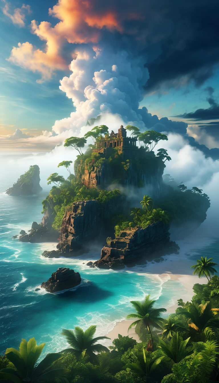 A mysterious island emerging from the mist in the middle of the ocean, dramatic cloud formations, vivid colors, dramatic lighting, volumetric fog, detailed rocky shoreline, dense tropical foliage, ancient ruins, (best quality,4k,8k,highres,masterpiece:1.2),ultra-detailed,(realistic,photorealistic,photo-realistic:1.37),cinematic,dramatic composition,moody atmosphere,dramatic lighting,glowing mist,realistic textures,volumetric clouds,epic scale