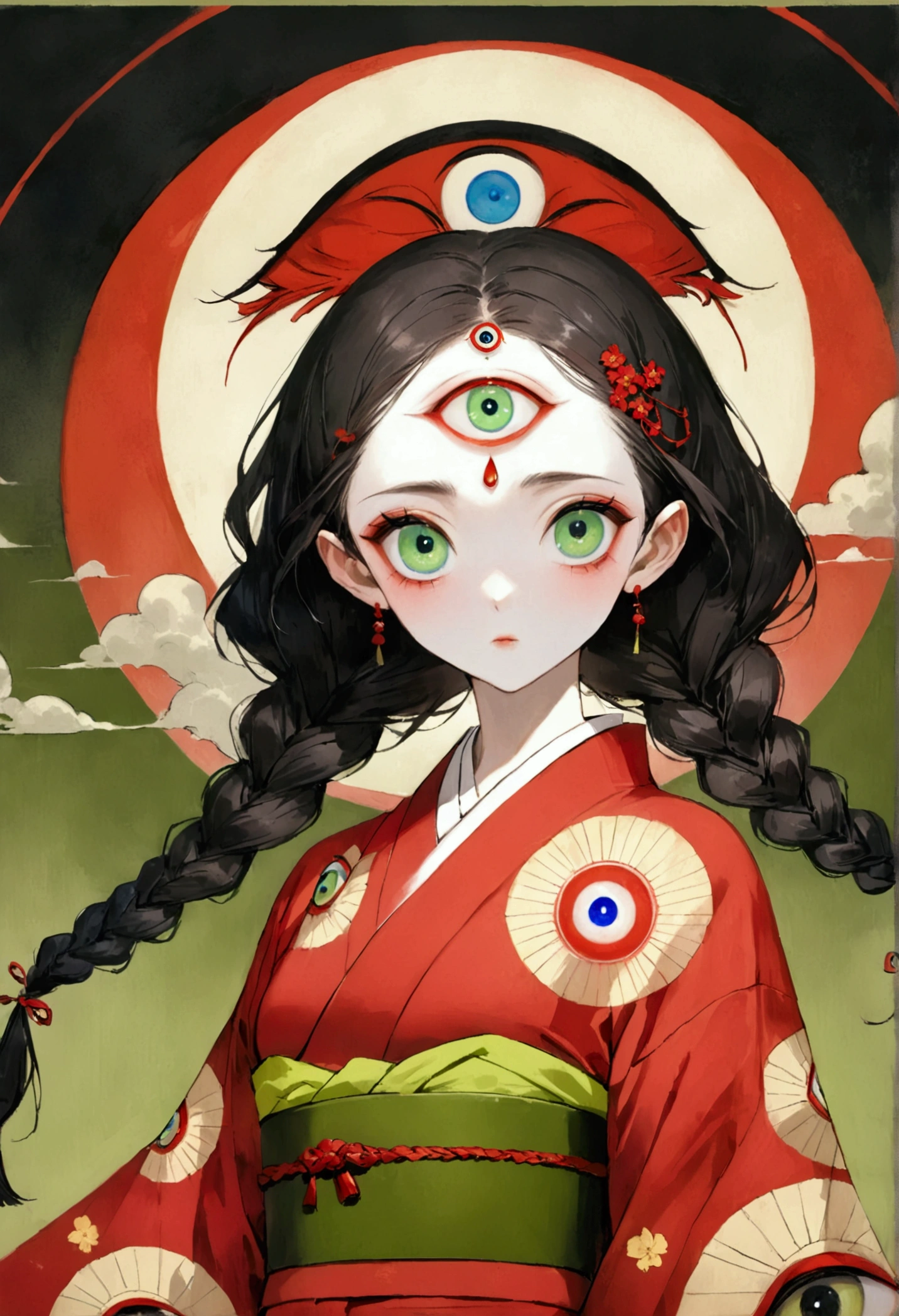 Art Illustration,Dark Style,(((1 Girl,Double braid,独奏,third eye on the forehead,big eyes))),(((Gorgeous Japanese red kimono:1.6,Eye Diagram,Dark Pattern))).(((Thin waist,Greenbelt:1.37)))whole body