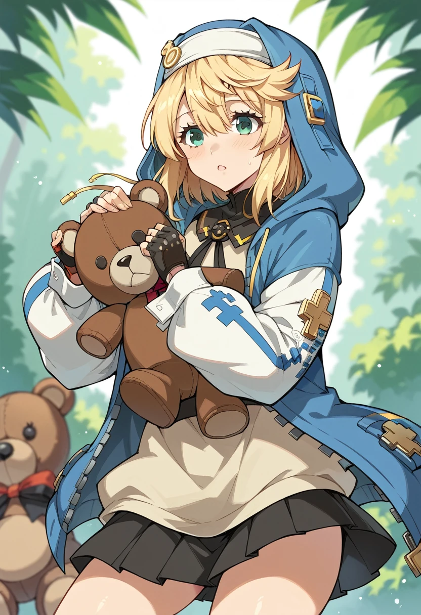 score_9,score_8_up,score_7_up,source_anime,cowboy shot,Idealized Forms,Natural Light,details background,blurry background,extremely detailed,1girl,1girl,a cartoon woman is holding a teddy bear and is about to drop it and it is falling, bridget (guilty gear), 1boy, male focus, otoko no ko, stuffed toy, stuffed animal, blonde hair, teddy bear, gloves,fingerless gloves,hood, jacket,green eyes,skirt,solo,cuffs