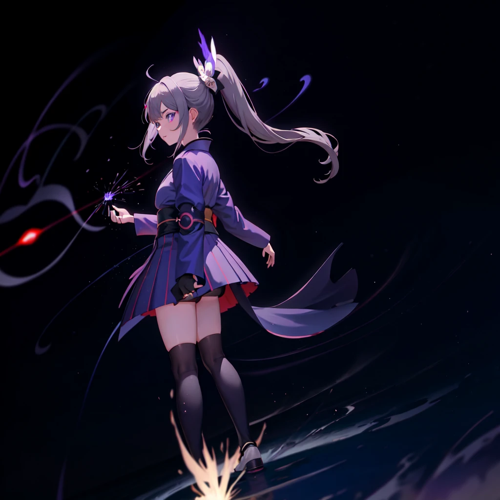 One girl, kimono, ponytail ,Gray Hair, Purple eyes, magic circle, Blue Fire, Blue Flame, wallpaper, landscape, Blood, Blood splatter, Depth of written boundary, night, Particles of light, light, Side light, Thighs, destiny \(series\), Genshin Impact, ****, Open jacket, skirt, Knee socks, cloud