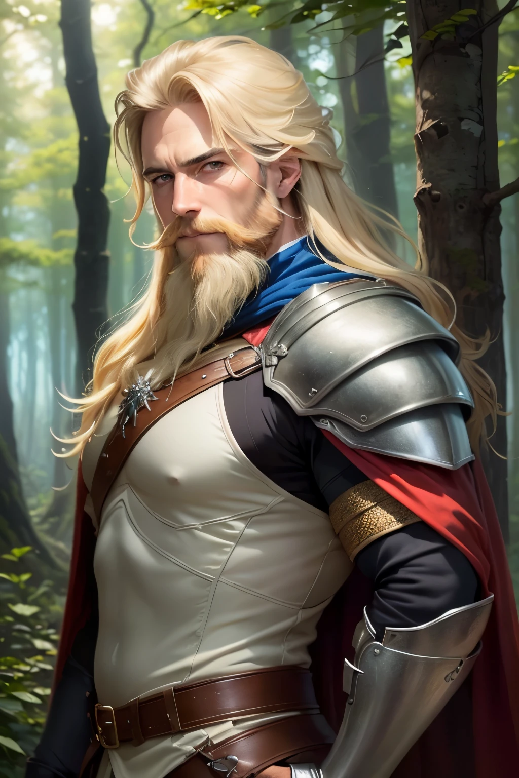 ((best qualityer)), ((work of art)), (detailded), A male Ranger. Born from the forest. Leather armor that blends in with the underbody and cape to become invisible. 60 year old man . Long Light Blonde Hair with Chunky Design. Os olhos super detaildeds .His gaze would be intense and serious. highly detailed image .shy smile .wide chin.long blonde beard.ready for action at any time.60 year old man.background an enchanted forest.
