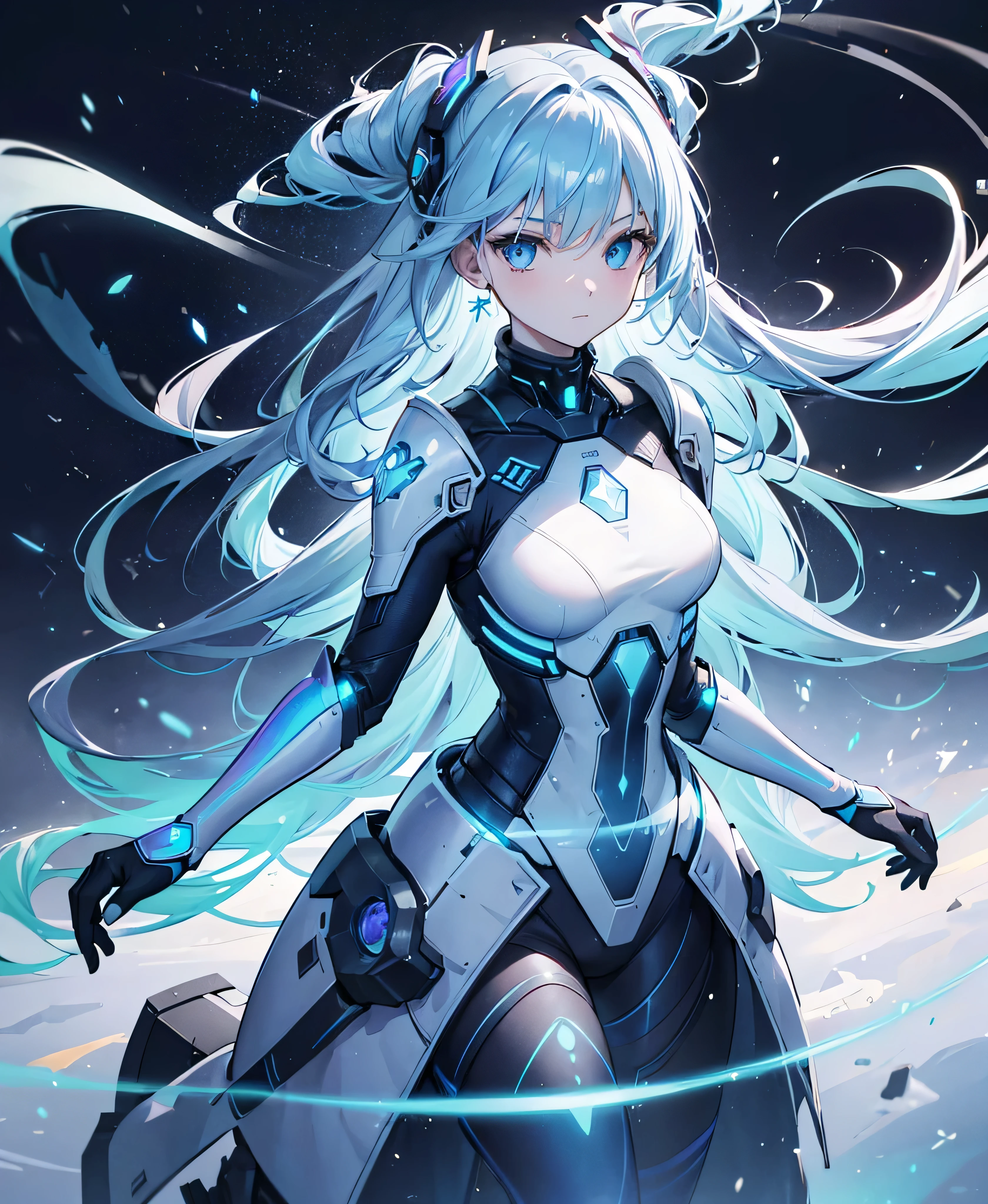 ((Holographic glow effect)),8k, Highest quality, (real:1.4), Original photo, 1 girl, Asari Hair, Biological Amplifier, refined armor, posture: Peace talks between warring factions, smart blue eyes,whole body,Vortex of Light,Band of Light,Wind of Light