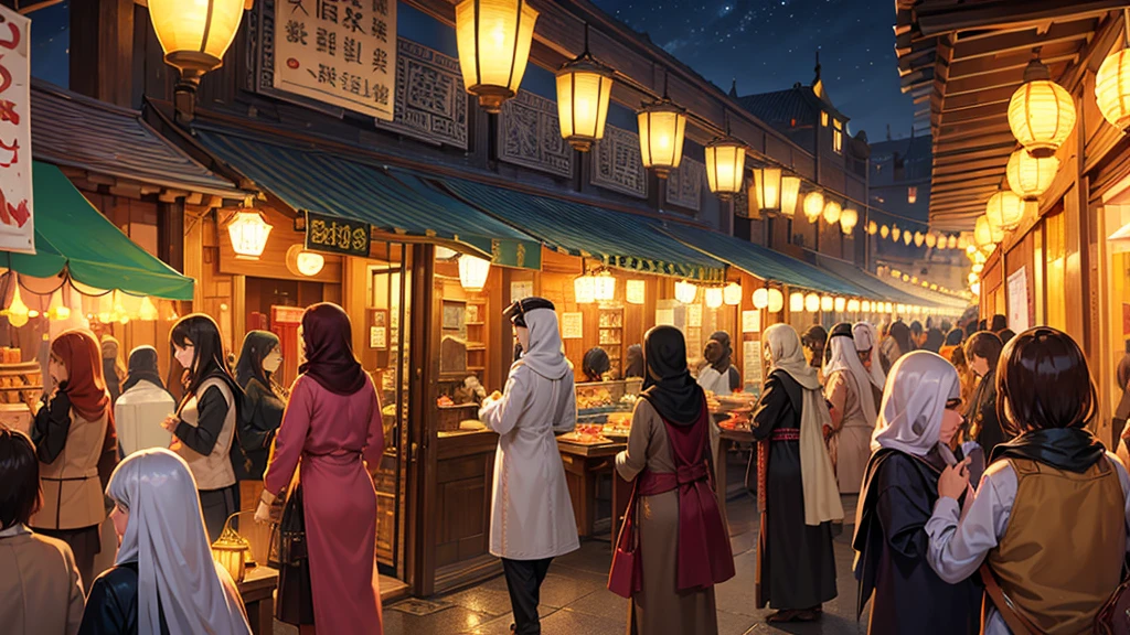 A crowded Middle Eastern bazaar、field、night、The place is packed with precious metals and beautiful textiles.、Min City、Fantasy、Lantern light、Fantasy