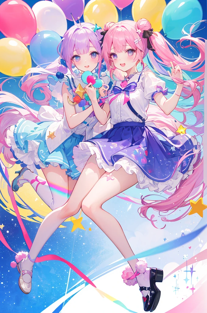 (whole body, legs and shoes visible: 1.2)) Expressive eyes, One girl, Pale skin, Long Hair, Windblown Hair, ((absurdly Long Hair)), Long Side Lock, Princess bangs, Hair bangs, Hair Bun, ((Very long twin tails)), Rainbow Hair, Light pink hair, blush, full face blush, big sparkling Pastel Purple eyes, (Gradient Eye), Laughing with your mouth open, cute pose, ((Holding a balloon : 1.3)) ((cute and pastel fashion)) ((🦄🎠🎈🎉 theme : 1.4)) A loose pastel dress, ((Dreamy multi-colored open dress)), (Floating ribbon), Lavender Frill, Pink frills, (Light blue lace), Removable short sleeves, Fluffy skirt, ((Rainbow and star printed skirt : 1.3)), ta Skirt, Purple ribbon, ((pom pom ribbon hair ornament : 1.4)), Multiple Bows, Striped lace stockings, (heart型のレッグガーター), cute (Pastel Purple) shoes ((Ultra-detailed clothing and fashion)) I'm watching you, Vintage Girl, blush, (Beautiful attention to detail), (Highly detailed CG Unity 8k wallpaper) (Best Shadow), ((Very delicate and beautiful)), (Detailed light), ((Depth of written boundary)) Big Head, Big, bright eyes, Moe, Splash Art, Cinema Lighting, Front view, volumetric lighting maximalist photo illustration k resolution high resolution intricate detailed complex key visuals precise linear ((Dreamy pastel sky background, Surrounded by sunset clouds, shooting star, Castle above the clouds)) ((Ultra-detailed landscapes, Foggy clouds, Hung by balloons, heart : 1.3))