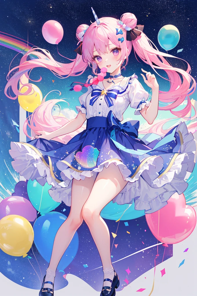 (whole body, legs and shoes visible: 1.2)) Expressive eyes, One girl, Pale skin, Long Hair, Windblown Hair, ((absurdly Long Hair)), Long Side Lock, Princess bangs, Hair bangs, Hair Bun, ((Very long twin tails)), Rainbow Hair, Light pink hair, blush, full face blush, big sparkling Pastel Purple eyes, (Gradient Eye), Laughing with your mouth open, cute pose, ((Holding a balloon : 1.3)) ((cute and pastel fashion)) ((🦄🎠🎈🎉 theme : 1.4)) A loose pastel dress, ((Dreamy multi-colored open dress)), (Floating ribbon), Lavender Frill, Pink frills, (Light blue lace), Removable short sleeves, Fluffy skirt, ((Rainbow and star printed skirt : 1.3)), Lolita Skirt, Purple ribbon, ((pom pom ribbon hair ornament : 1.4)), Multiple Bows, Striped lace stockings, (heart型のレッグガーター), cute (Pastel Purple) shoes ((Ultra-detailed clothing and fashion)) I'm watching you, Vintage Girl, blush, (Beautiful attention to detail), (Highly detailed CG Unity 8k wallpaper) (Best Shadow), ((Very delicate and beautiful)), (Detailed light), ((Depth of written boundary)) Big Head, Big, bright eyes, Moe, Splash Art, Cinema Lighting, Front view, volumetric lighting maximalist photo illustration k resolution high resolution intricate detailed complex key visuals precise linear ((Dreamy pastel sky background, Surrounded by sunset clouds, shooting star, Castle above the clouds)) ((Ultra-detailed landscapes, Foggy clouds, Hung by balloons, heart : 1.3))