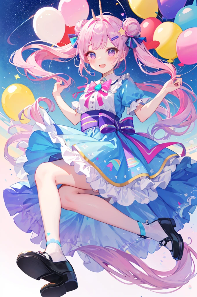 (whole body, legs and shoes visible: 1.2)) Expressive eyes, One girl, Pale skin, Long Hair, Windblown Hair, ((absurdly Long Hair)), Long Side Lock, Princess bangs, Hair bangs, Hair Bun, ((Very long twin tails)), Rainbow Hair, Light pink hair, blush, full face blush, big sparkling Pastel Purple eyes, (Gradient Eye), Laughing with your mouth open, cute pose, ((Holding a balloon : 1.3)) ((cute and pastel fashion)) ((🦄🎠🎈🎉 theme : 1.4)) A loose pastel dress, ((Dreamy multi-colored open dress)), (Floating ribbon), Lavender Frill, Pink frills, (Light blue lace), Removable short sleeves, Fluffy skirt, ((Rainbow and star printed skirt : 1.3)), Lolita Skirt, Purple ribbon, ((pom pom ribbon hair ornament : 1.4)), Multiple Bows, Striped lace stockings, (heart型のレッグガーター), cute (Pastel Purple) shoes ((Ultra-detailed clothing and fashion)) I&#39;m watching you, Vintage Girl, blush, (Beautiful attention to detail), (Highly detailed CG Unity 8k wallpaper) (Best Shadow), ((Very delicate and beautiful)), (Detailed light), ((Depth of written boundary)) Big Head, Big, bright eyes, Moe, Splash Art, Cinema Lighting, Front view, volumetric lighting maximalist photo illustration k resolution high resolution intricate detailed complex key visuals precise linear ((Dreamy pastel sky background, Surrounded by sunset clouds, shooting star, Castle above the clouds)) ((Ultra-detailed landscapes, Foggy clouds, Hung by balloons, heart : 1.3))