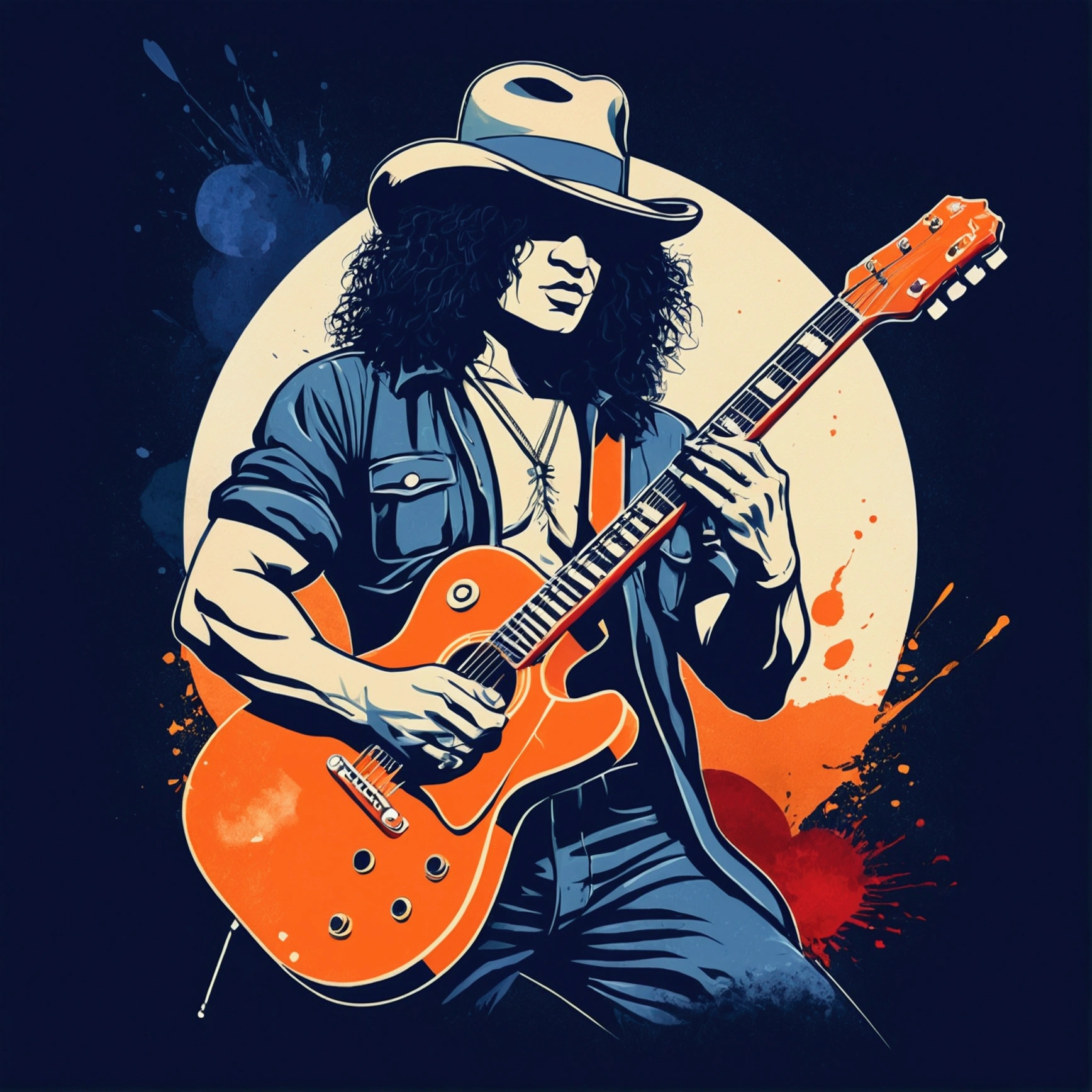Create a vintage poster, "Slash" playing a guitar, with soft tones, no background, using nostalgic illustration techniques. A retro design in an old typography and worn textures." The-shirt vector, 2D art, vector; Shading and gradients, Art Nouveau, vibrant colors and synthwave. Vector design, thin lines, central composition, soft background, palette (dark blue , orange, red, olive green), watercolor logo style with printed effect, monochrome background, from yukisakura, with original and incredible colors.