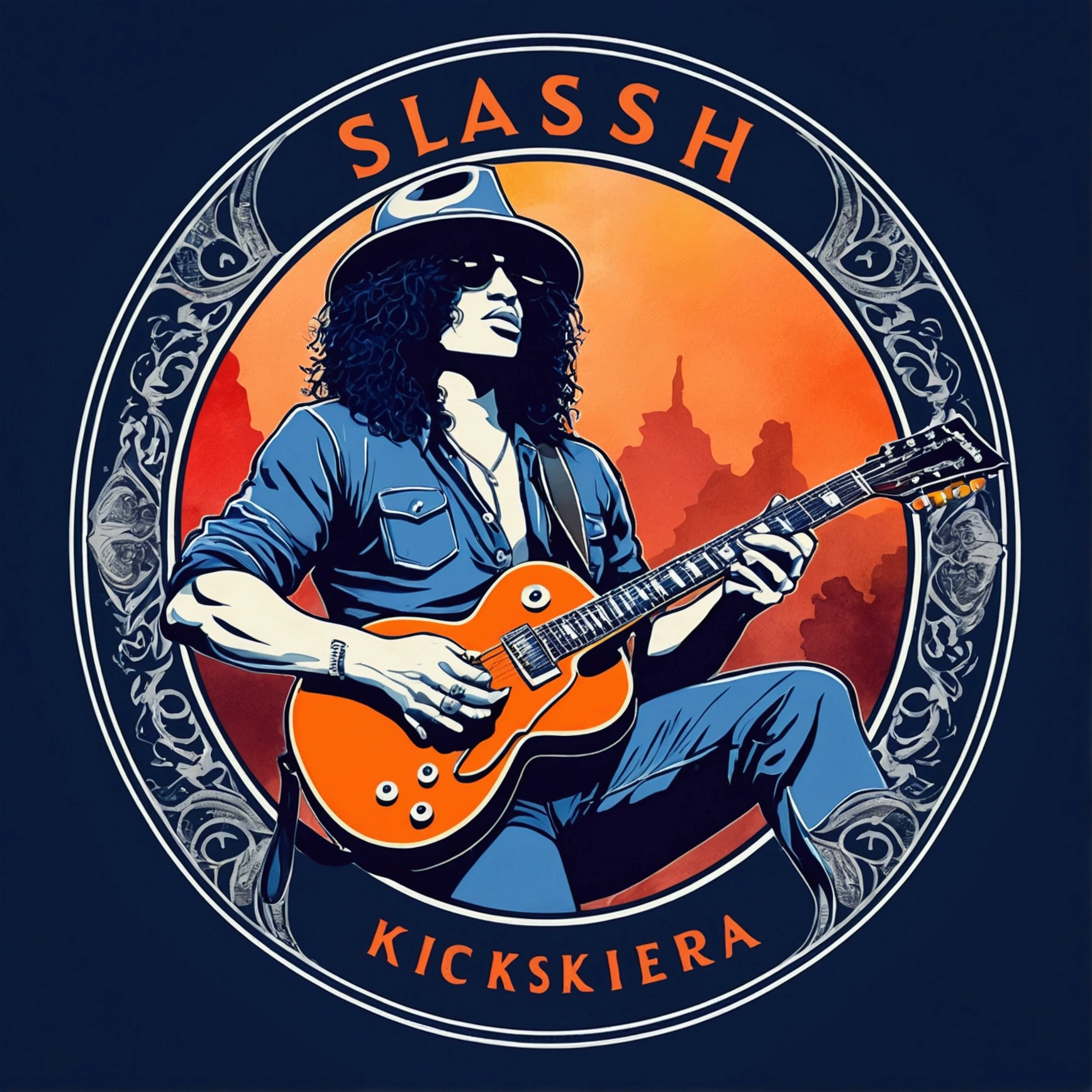 Create a vintage poster, "Slash" playing a guitar, with soft tones, no background, using nostalgic illustration techniques. A retro design in an old typography and worn textures." The-shirt vector, 2D art, vector; Shading and gradients, Art Nouveau, vibrant colors and synthwave. Vector design, thin lines, central composition, soft background, palette (dark blue , orange, red, olive green), watercolor logo style with printed effect, monochrome background, from yukisakura, with original and incredible colors.
