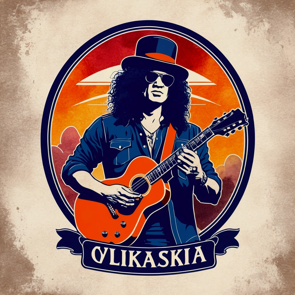 Create a vintage poster, "Slash" playing a guitar, with soft tones, no background, using nostalgic illustration techniques. A retro design in an old typography and worn textures." The-shirt vector, 2D art, vector; Shading and gradients, Art Nouveau, vibrant colors and synthwave. Vector design, thin lines, central composition, soft background, palette (dark blue , orange, red, olive green), watercolor logo style with printed effect, monochrome background, from yukisakura, with original and incredible colors.