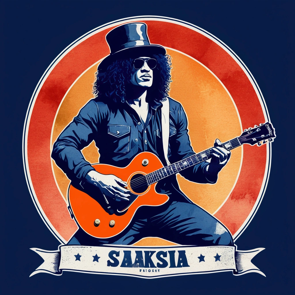 Create a vintage poster, "Slash" playing a guitar, with soft tones, no background, using nostalgic illustration techniques. A retro design in an old typography and worn textures." The-shirt vector, 2D art, vector; Shading and gradients, Art Nouveau, vibrant colors and synthwave. Vector design, thin lines, central composition, soft background, palette (dark blue , orange, red, olive green), watercolor logo style with printed effect, monochrome background, from yukisakura, with original and incredible colors.